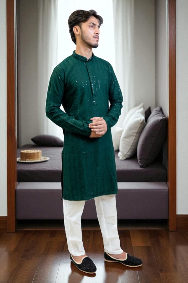 Green Chikan Sequin Kurta Pajama for Men Party Wear