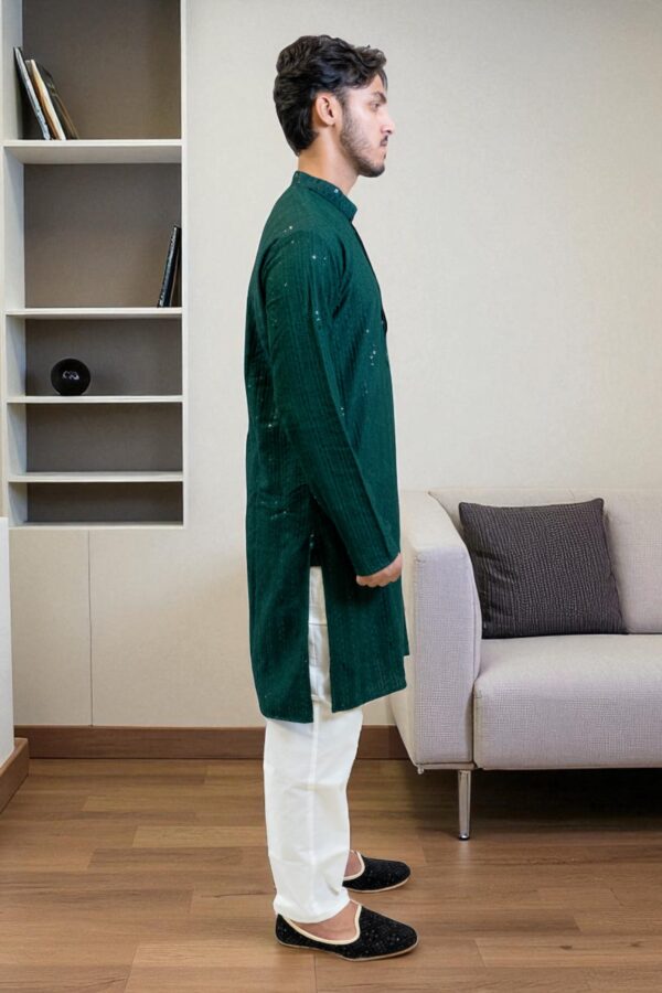 Green Chikan Sequin Kurta Pajama for Men Party Wear - Image 4