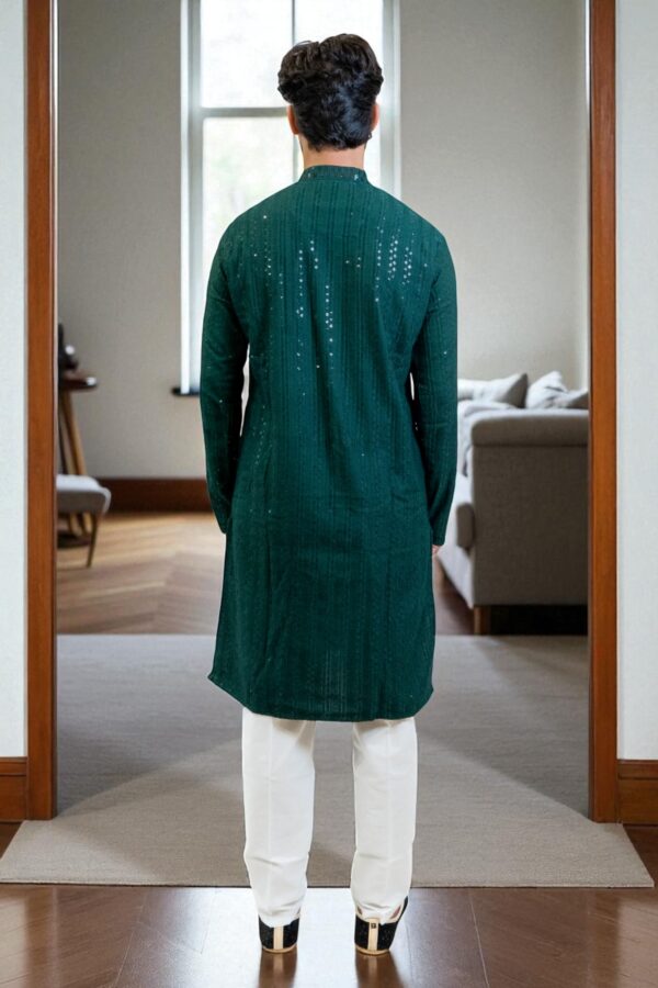 Green Chikan Sequin Kurta Pajama for Men Party Wear - Image 5