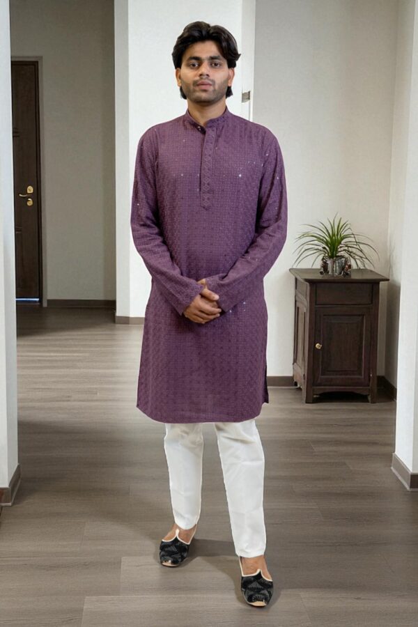 Men’s Chikankari Embroidered and Sequin Kurta Pajama - Image 2