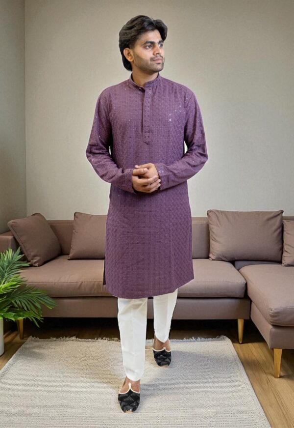 Men’s Chikankari Embroidered and Sequin Kurta Pajama - Image 4