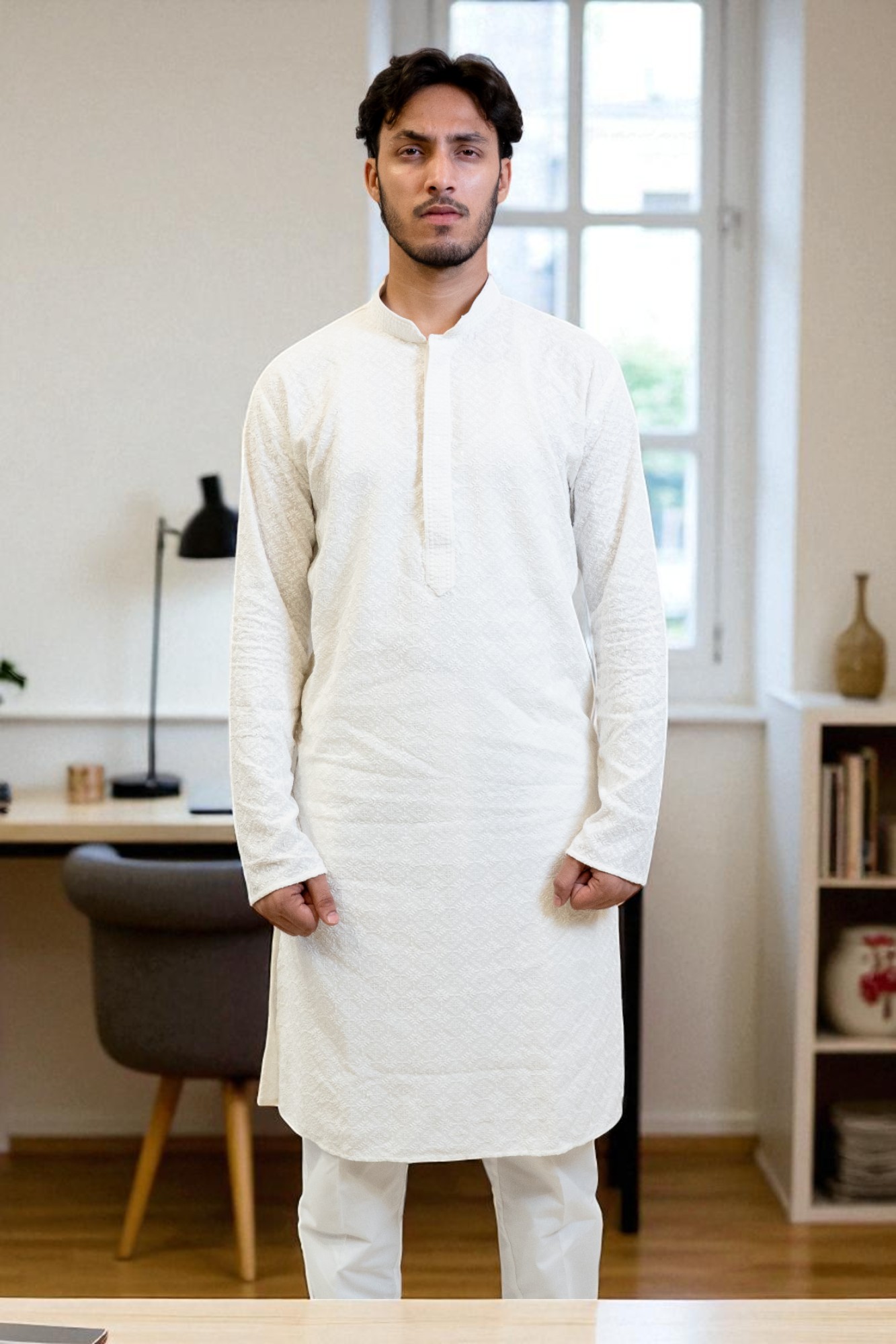 Party Wear White Chikan Kurta Pajama