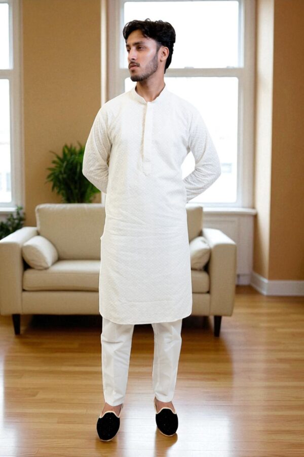 Party Wear White Chikan Kurta Pajama - Image 3