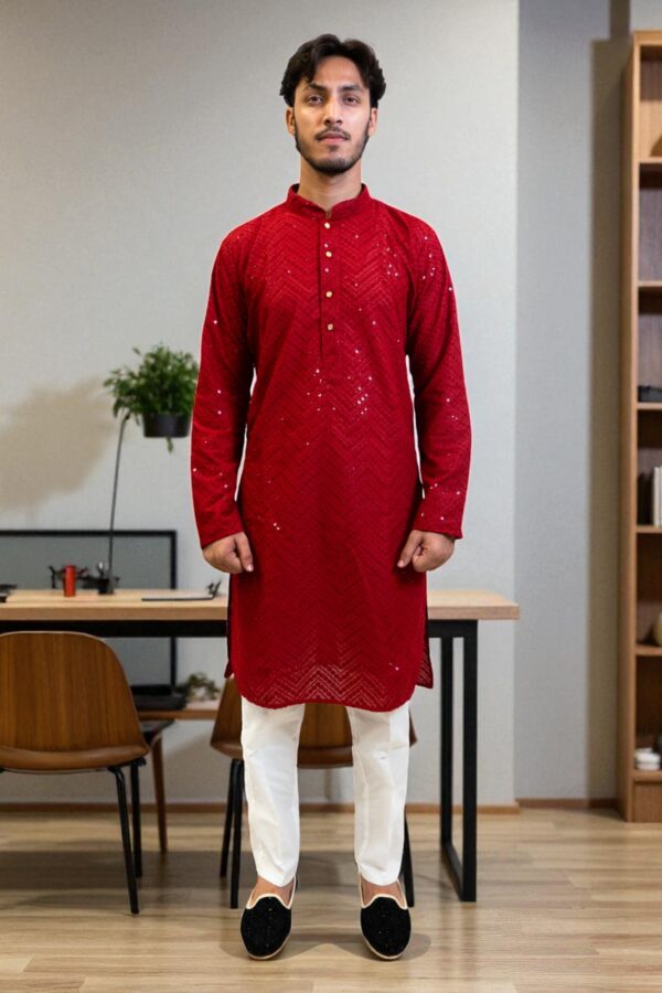 Red Chicken Sequence Kurta Pajama – Stylish & Comfortable - Image 2