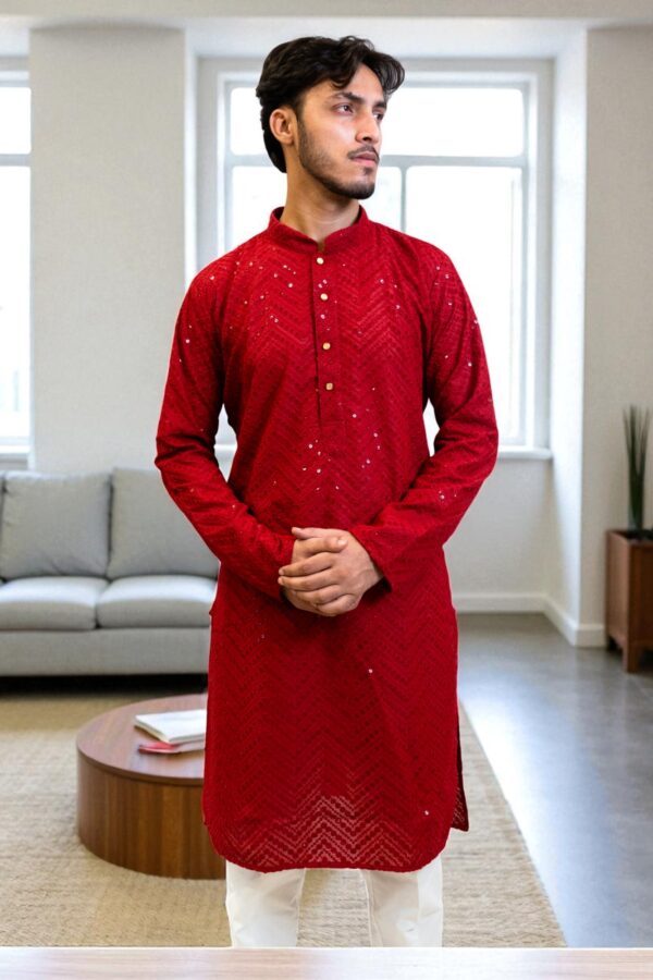 Red Chicken Sequence Kurta Pajama – Stylish & Comfortable