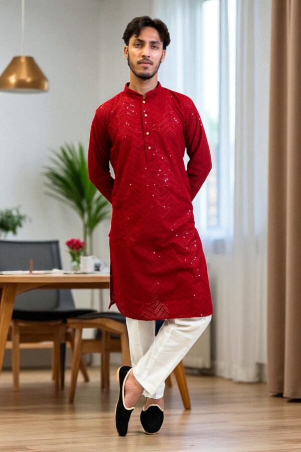 Red Chicken Sequence Kurta Pajama – Stylish & Comfortable - Image 3