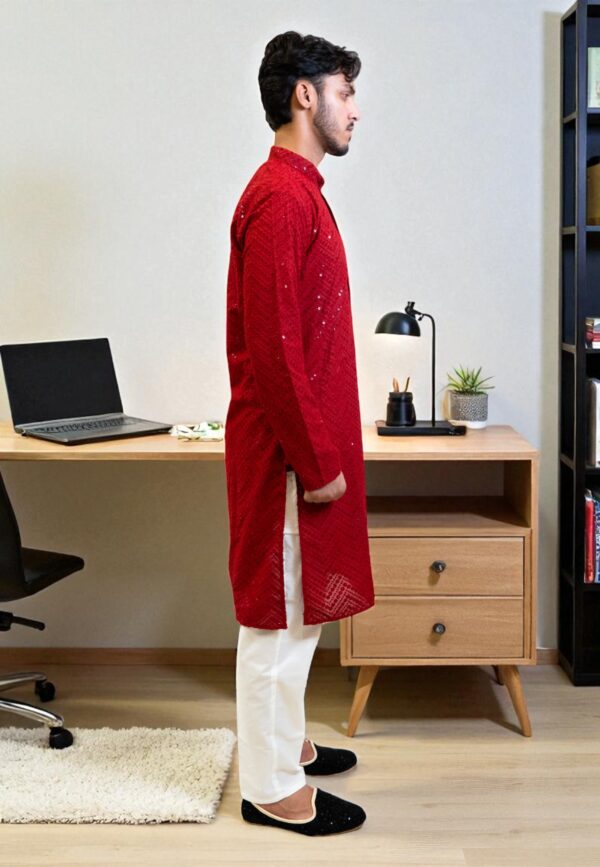 Red Chicken Sequence Kurta Pajama – Stylish & Comfortable - Image 4