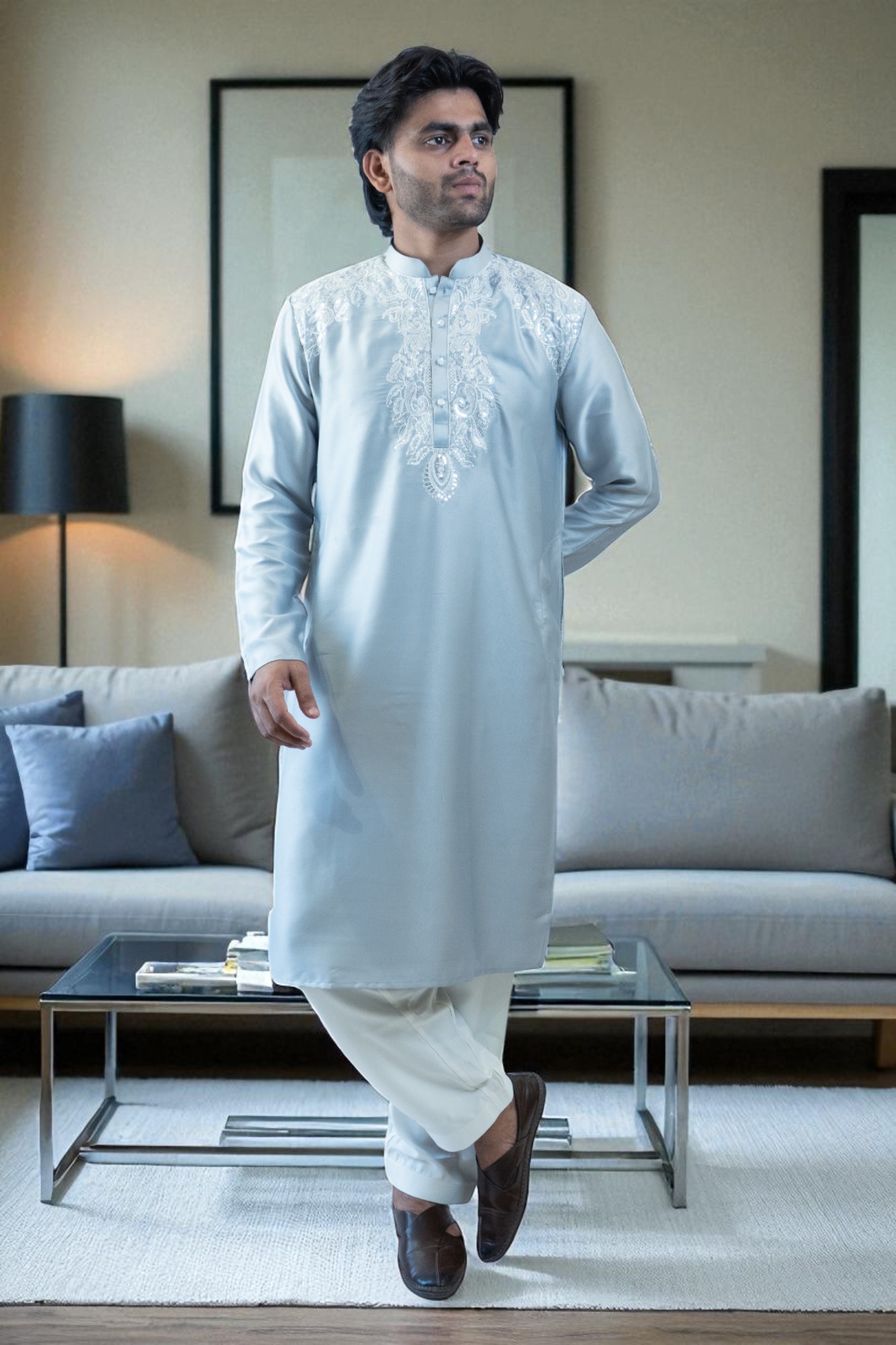 Sky Blue Kurta Pajama – Gala Embroidery Design, Stylish & Budget-Friendly