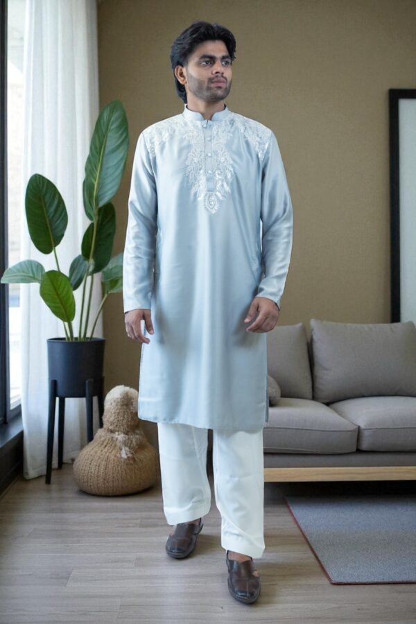 Sky Blue Kurta Pajama – Gala Embroidery Design, Stylish & Budget-Friendly - Image 5