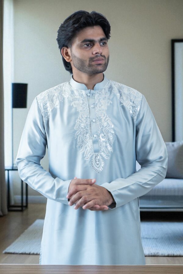 Sky Blue Kurta Pajama – Gala Embroidery Design, Stylish & Budget-Friendly - Image 2