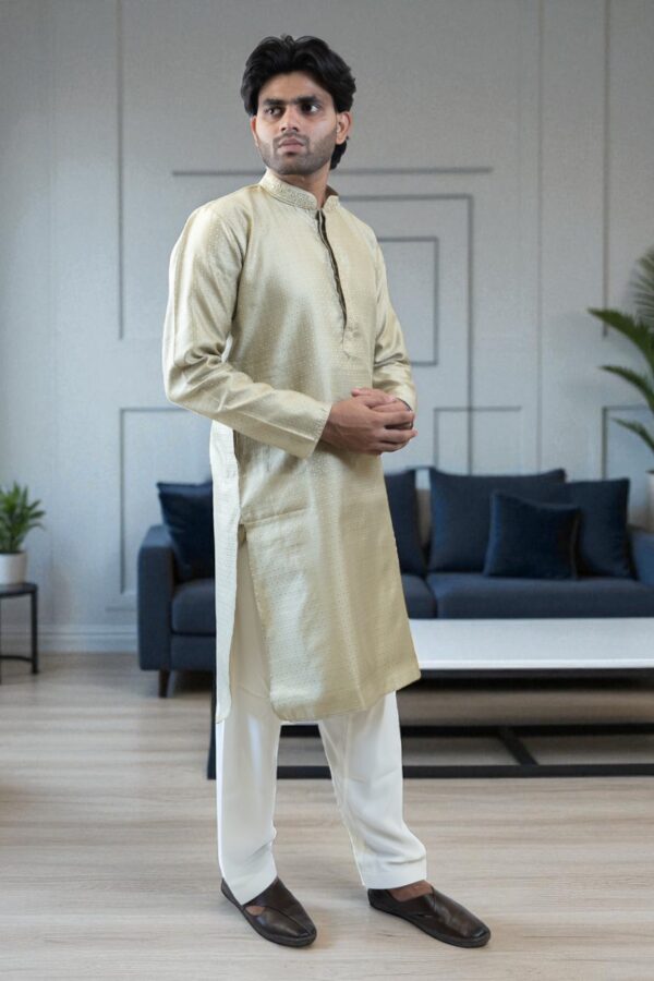 Party Wear Mehandi Color Silk Kurta Pajama – Stylish & Elegant - Image 3