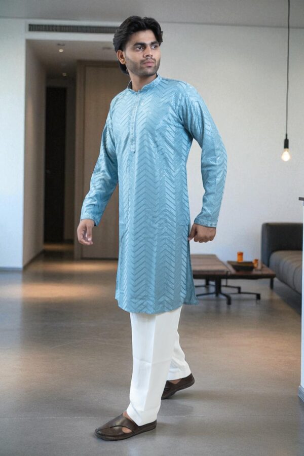 Sky Blue Kurta Pajama – Thread & Sequin Design, Party & Occasion Wear - Image 4