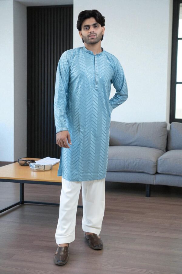 Sky Blue Kurta Pajama – Thread & Sequin Design, Party & Occasion Wear - Image 2