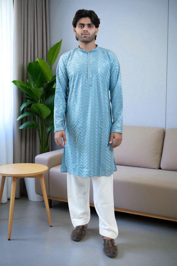 Sky Blue Kurta Pajama – Thread & Sequin Design, Party & Occasion Wear - Image 3