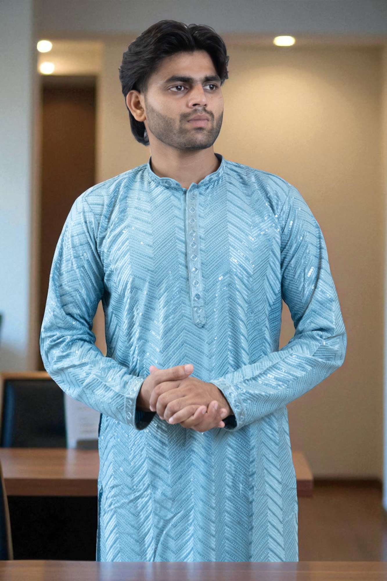 Sky Blue Kurta Pajama – Thread & Sequin Design, Party & Occasion Wear