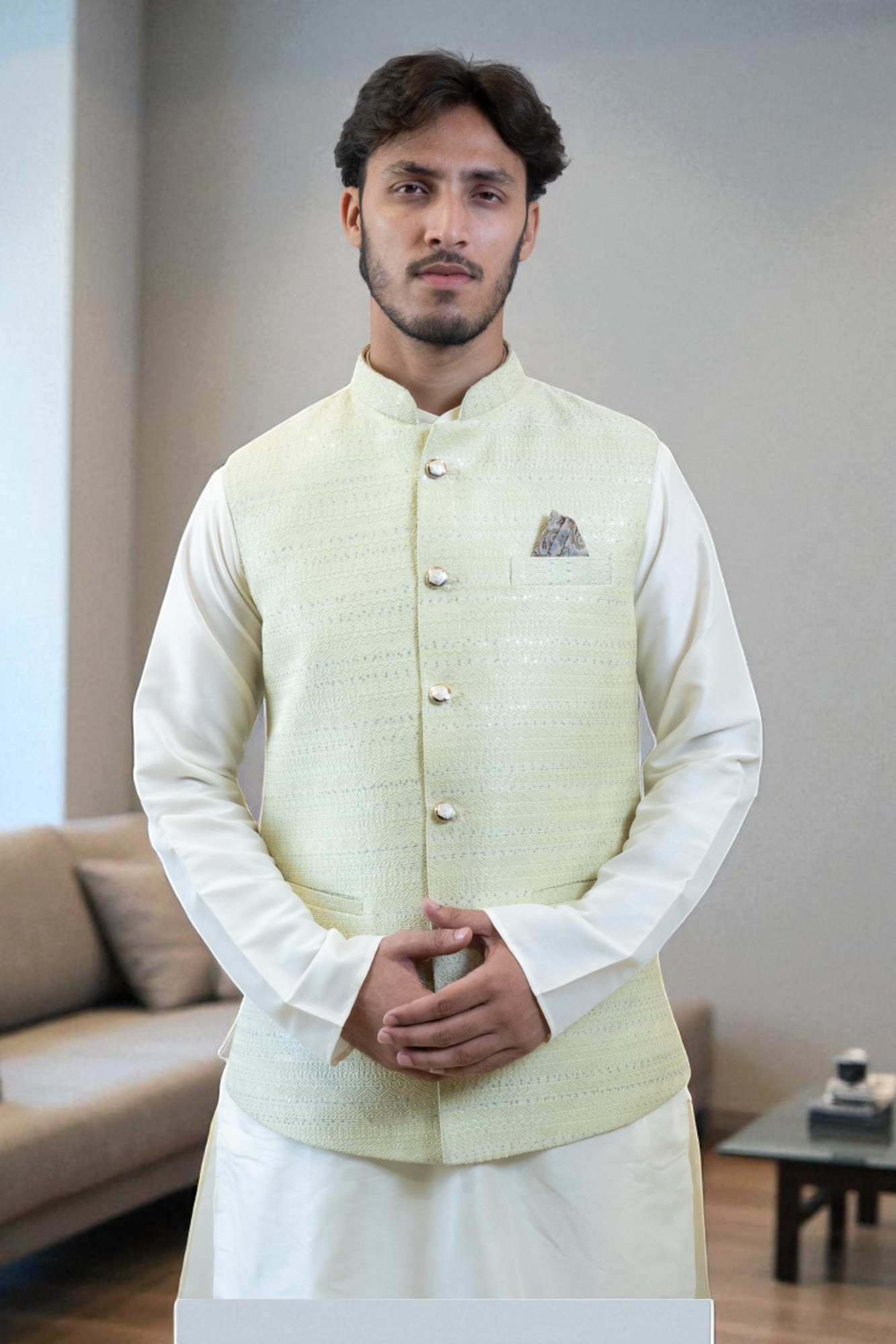 Men’s Lemon Color Jacquard Nehru Jacket – Stylish Festive & Wedding Wear