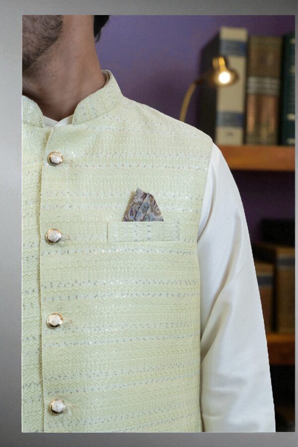 Men’s Lemon Color Jacquard Nehru Jacket – Stylish Festive & Wedding Wear - Image 2
