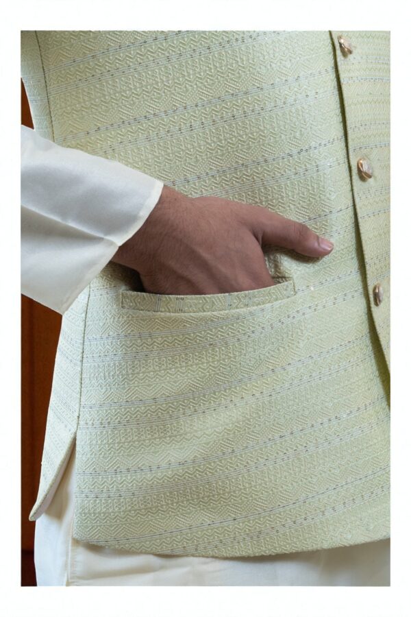 Men’s Lemon Color Jacquard Nehru Jacket – Stylish Festive & Wedding Wear - Image 3