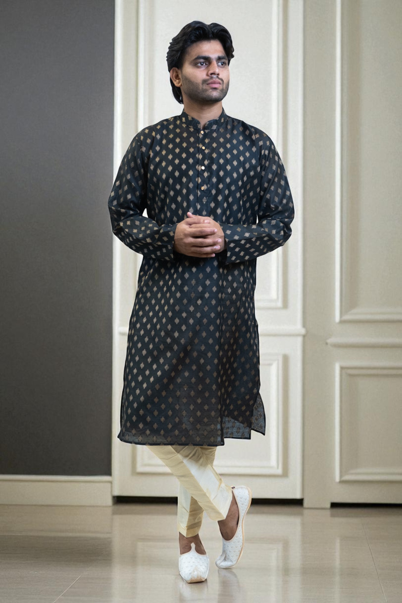 Black Kurta Pajama with Golden Design – Stylish Party & Occasion Wear