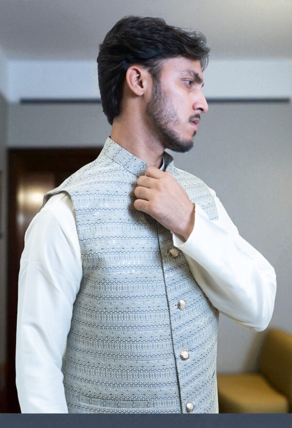 Men’s Modern Sky Blue and White Jacquard Nehru Jacket - Image 2