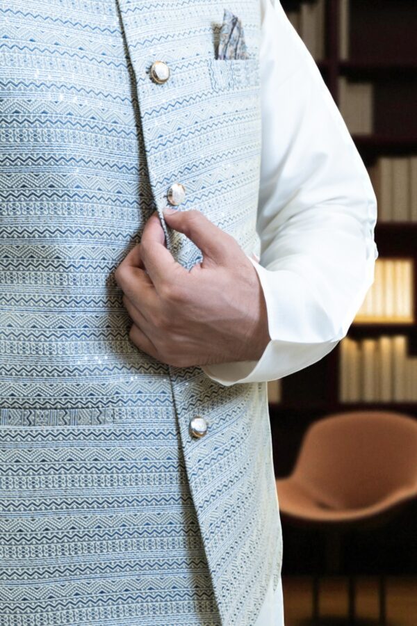 Men’s Modern Sky Blue and White Jacquard Nehru Jacket - Image 3