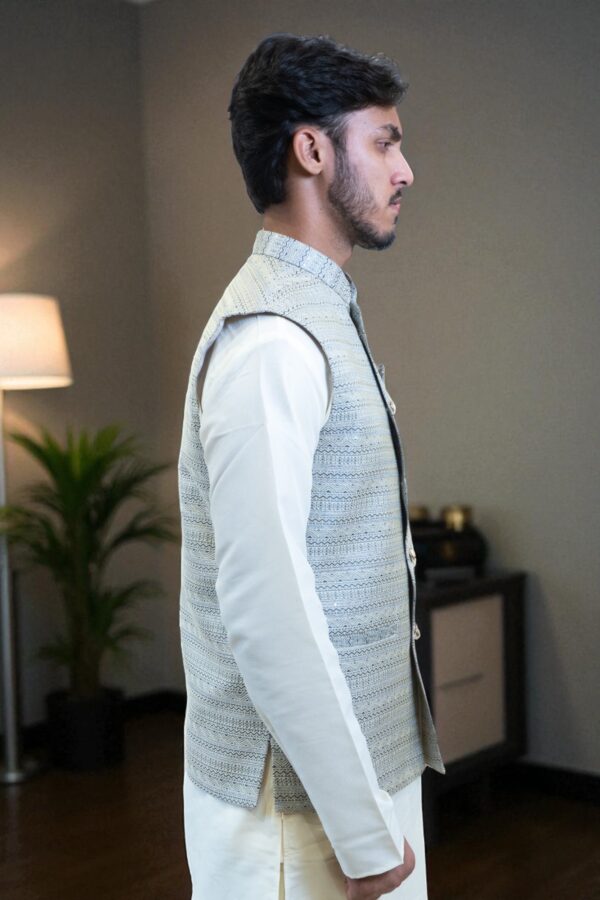 Men’s Modern Sky Blue and White Jacquard Nehru Jacket - Image 4