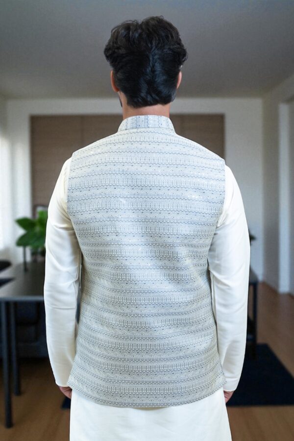 Men’s Modern Sky Blue and White Jacquard Nehru Jacket - Image 5