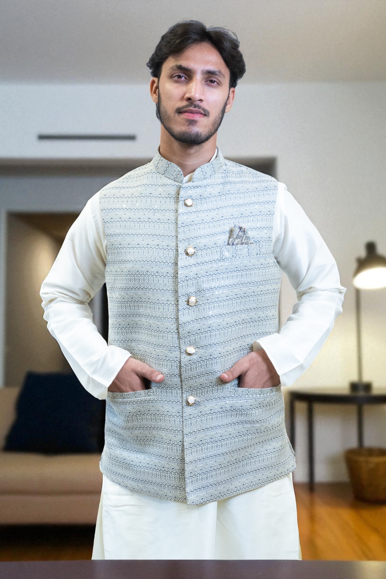 Men’s Modern Sky Blue and White Jacquard Nehru Jacket