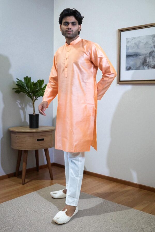 Men’s Orange Banarasi Silk Kurta Pajama Outfit – Party & Occasion Wear - Image 2