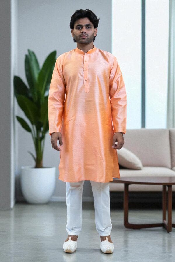 Men’s Orange Banarasi Silk Kurta Pajama Outfit – Party & Occasion Wear - Image 3