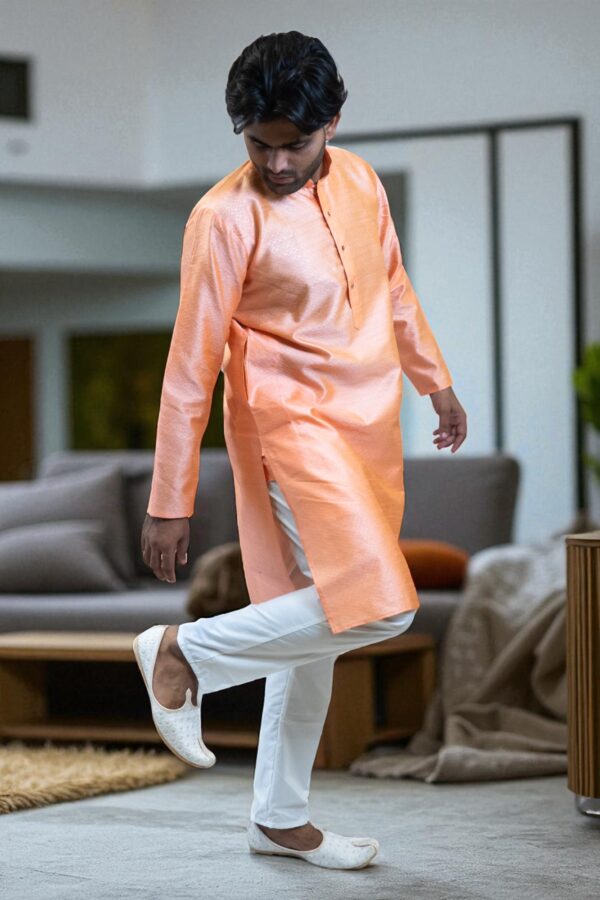 Men’s Orange Banarasi Silk Kurta Pajama Outfit – Party & Occasion Wear - Image 4