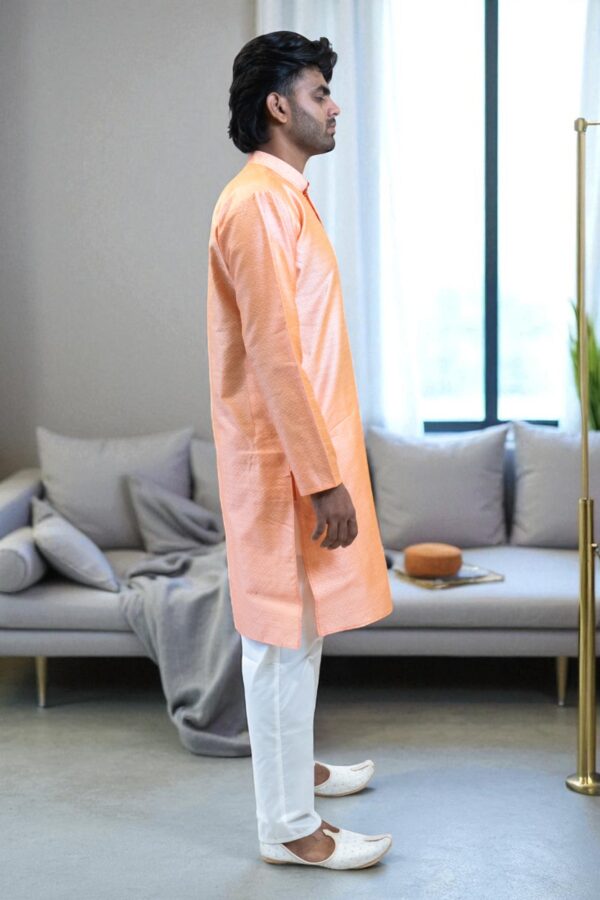 Men’s Orange Banarasi Silk Kurta Pajama Outfit – Party & Occasion Wear - Image 5