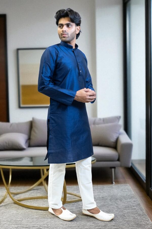 Blue Banarasi Silk Kurta with Pajama – Party & Occasion Wear - Image 2