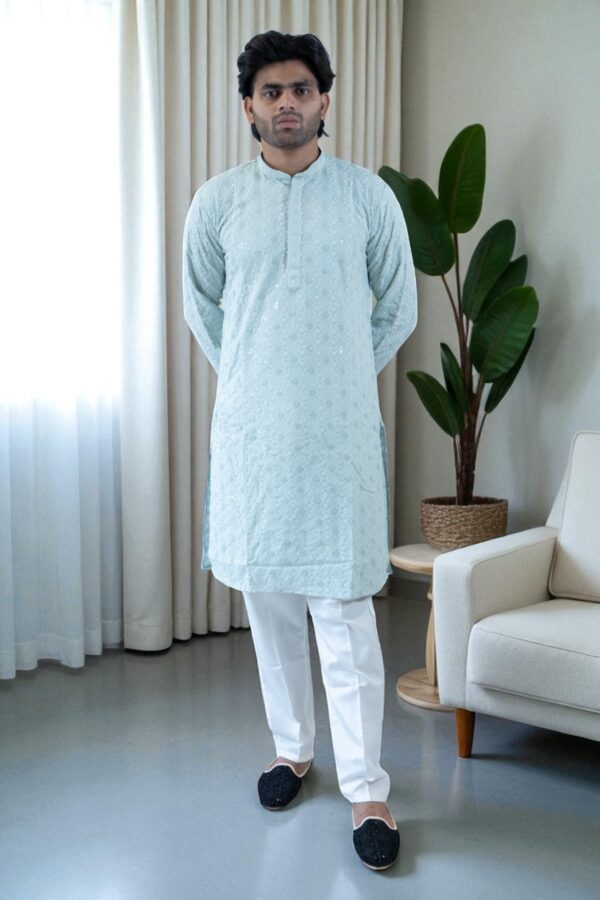 Sky Blue Thread Work and Sequin Design Kurta Pajama – Cotton Fabric - Image 6