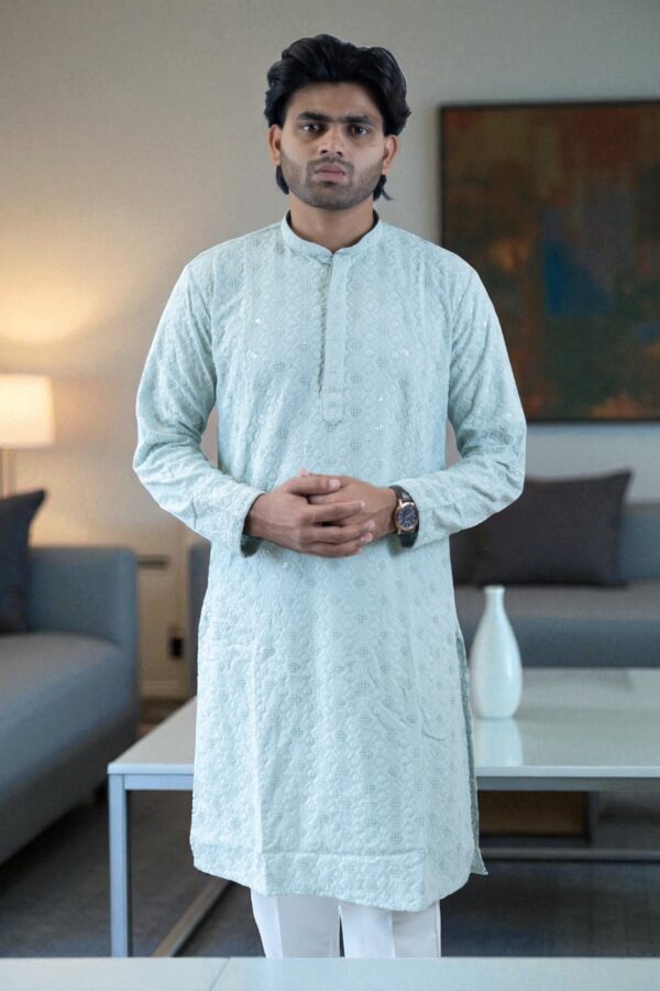 Sky Blue Thread Work and Sequin Design Kurta Pajama – Cotton Fabric - Image 5