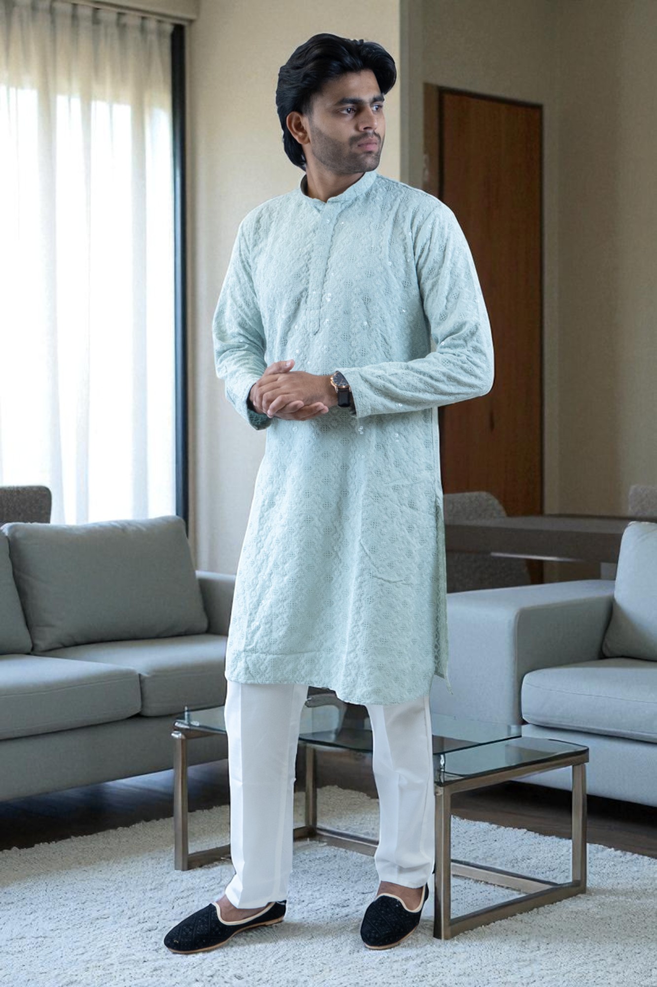 Sky Blue Thread Work and Sequin Design Kurta Pajama – Cotton Fabric