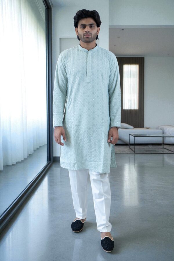 Sky Blue Thread Work and Sequin Design Kurta Pajama – Cotton Fabric - Image 3