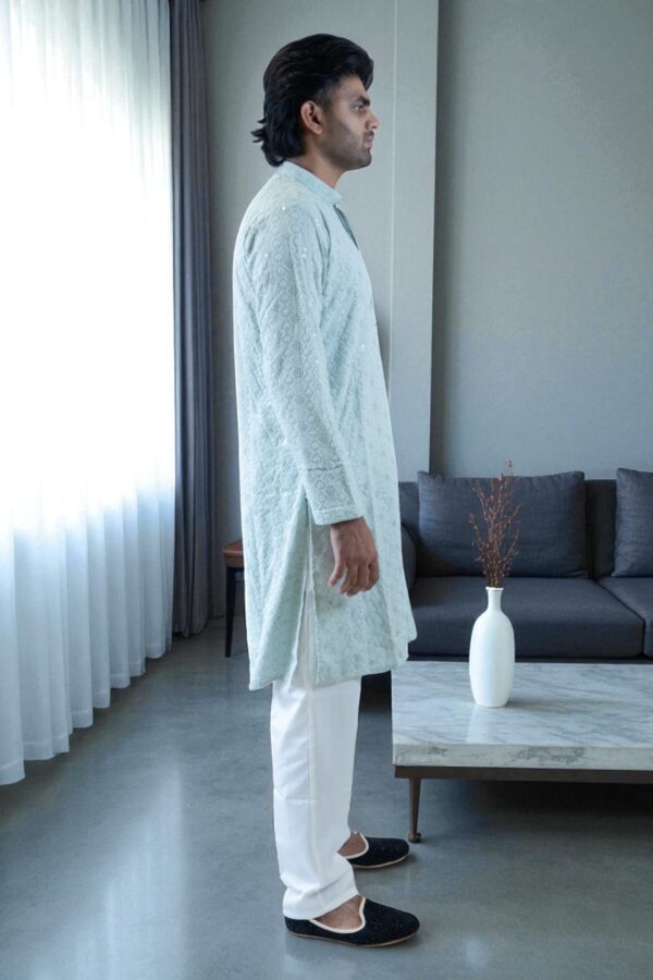 Sky Blue Thread Work and Sequin Design Kurta Pajama – Cotton Fabric - Image 4
