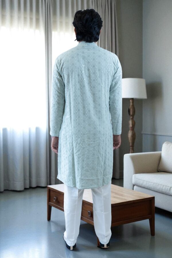 Sky Blue Thread Work and Sequin Design Kurta Pajama – Cotton Fabric - Image 7