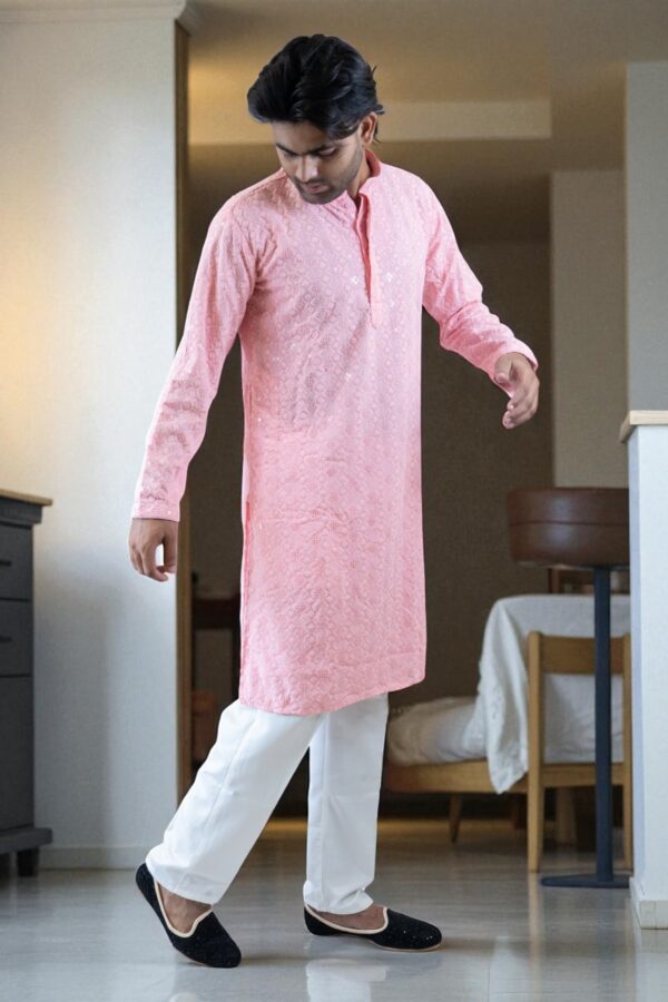 Pink Thread Work and Sequin Design Kurta Pajama – Cotton Fabric - Image 4