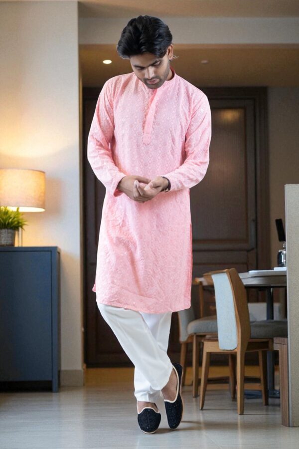 Pink Thread Work and Sequin Design Kurta Pajama – Cotton Fabric - Image 2