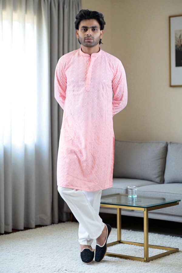 Pink Thread Work and Sequin Design Kurta Pajama – Cotton Fabric