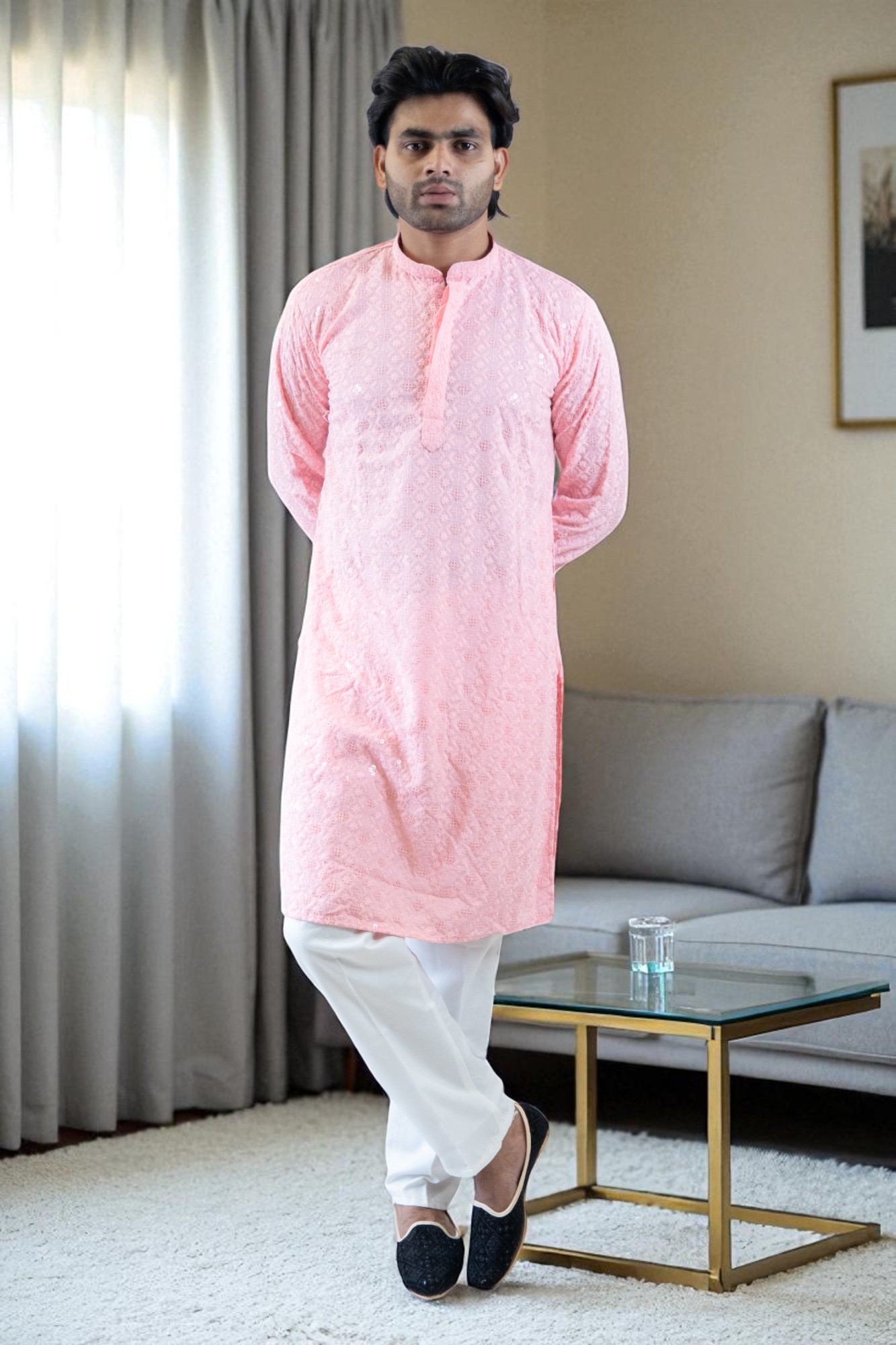 Pink Thread Work and Sequin Design Kurta Pajama – Cotton Fabric