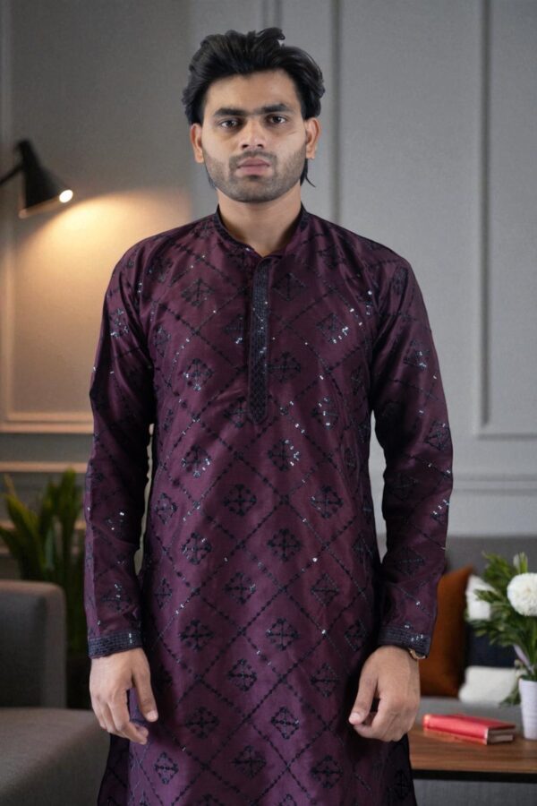 Thread Work and Sequin Design Kurta Pajama – Cotton Fabric - Image 4