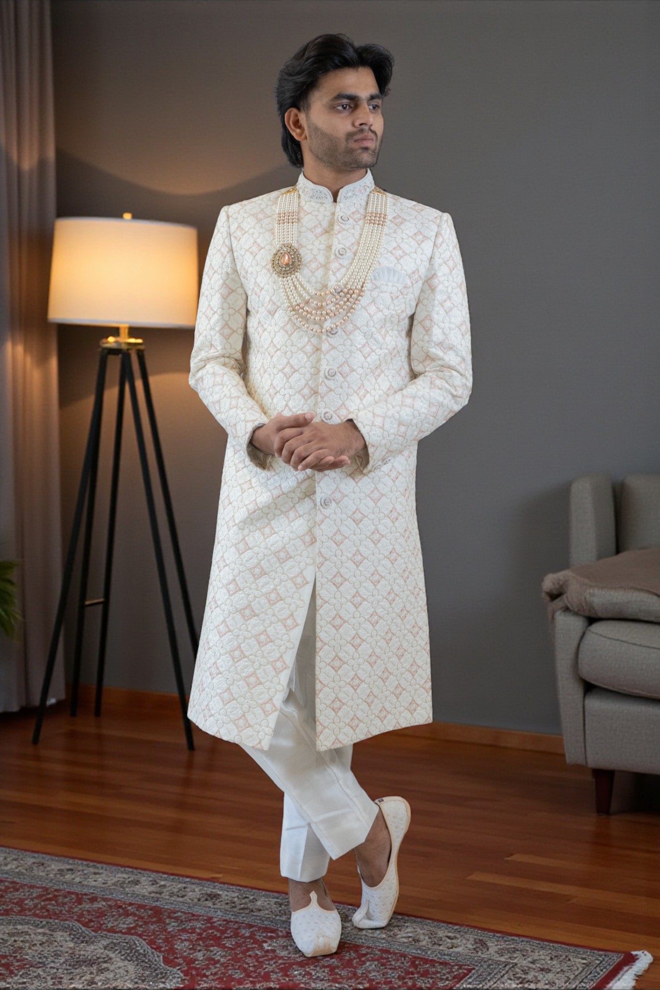 Off-White Sherwani Set for Men with Pink Floral Thread Work – Elegant & Modern
