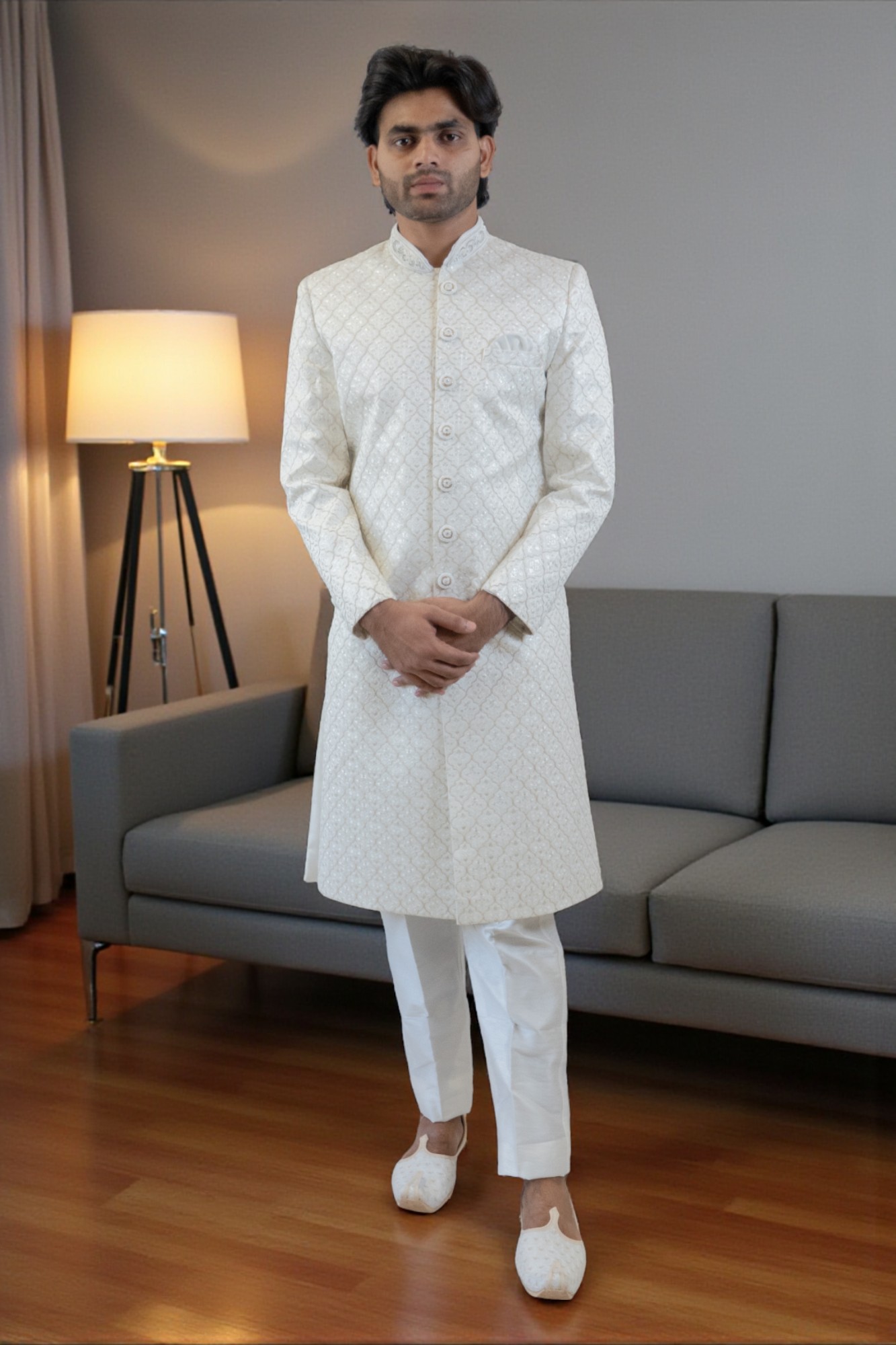 Ivory Dreams: Majestic Jaal Sherwani Set (Off White)