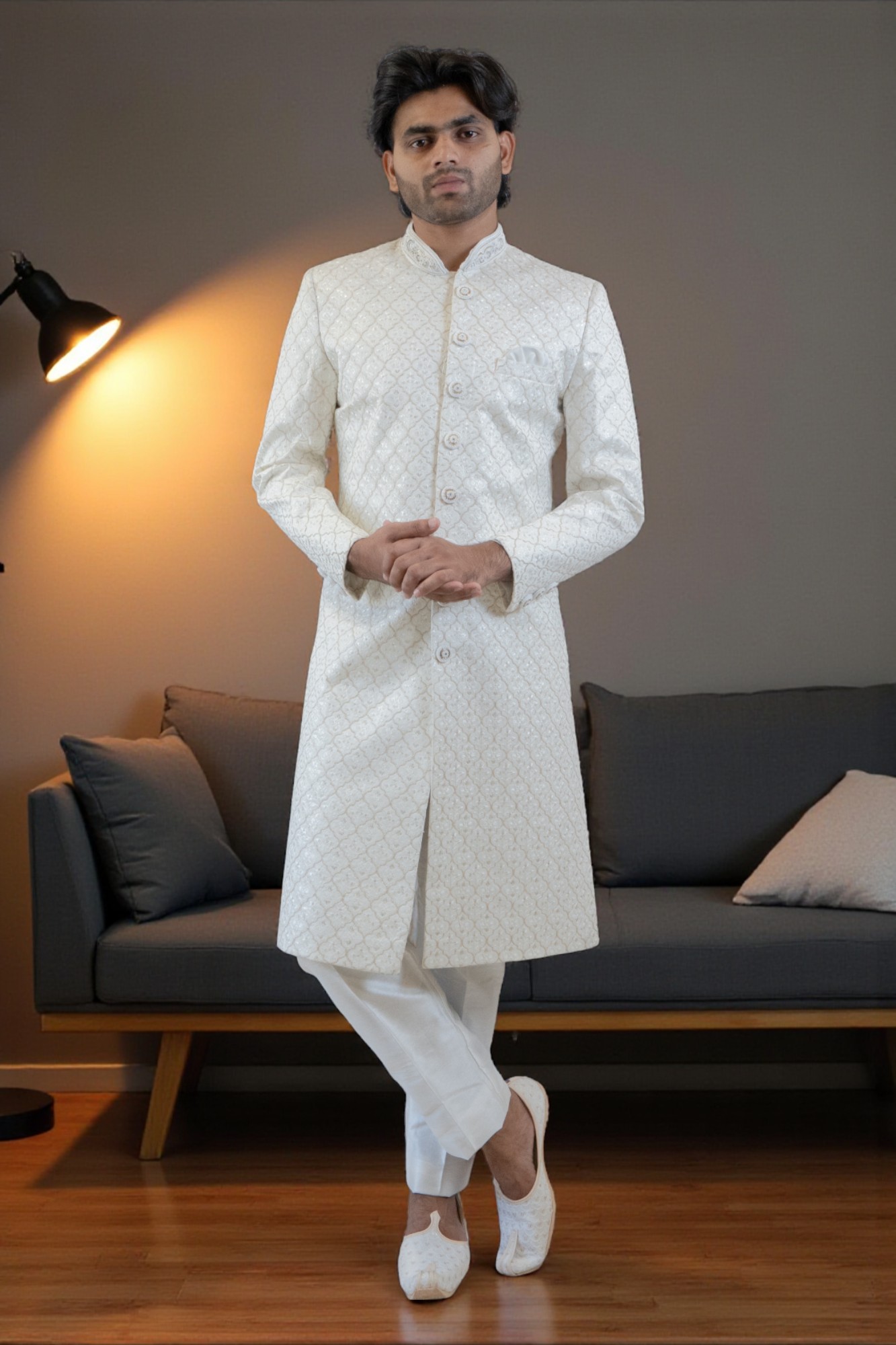 Ivory Dreams: Majestic Jaal Sherwani Set (Off White) - Image 2