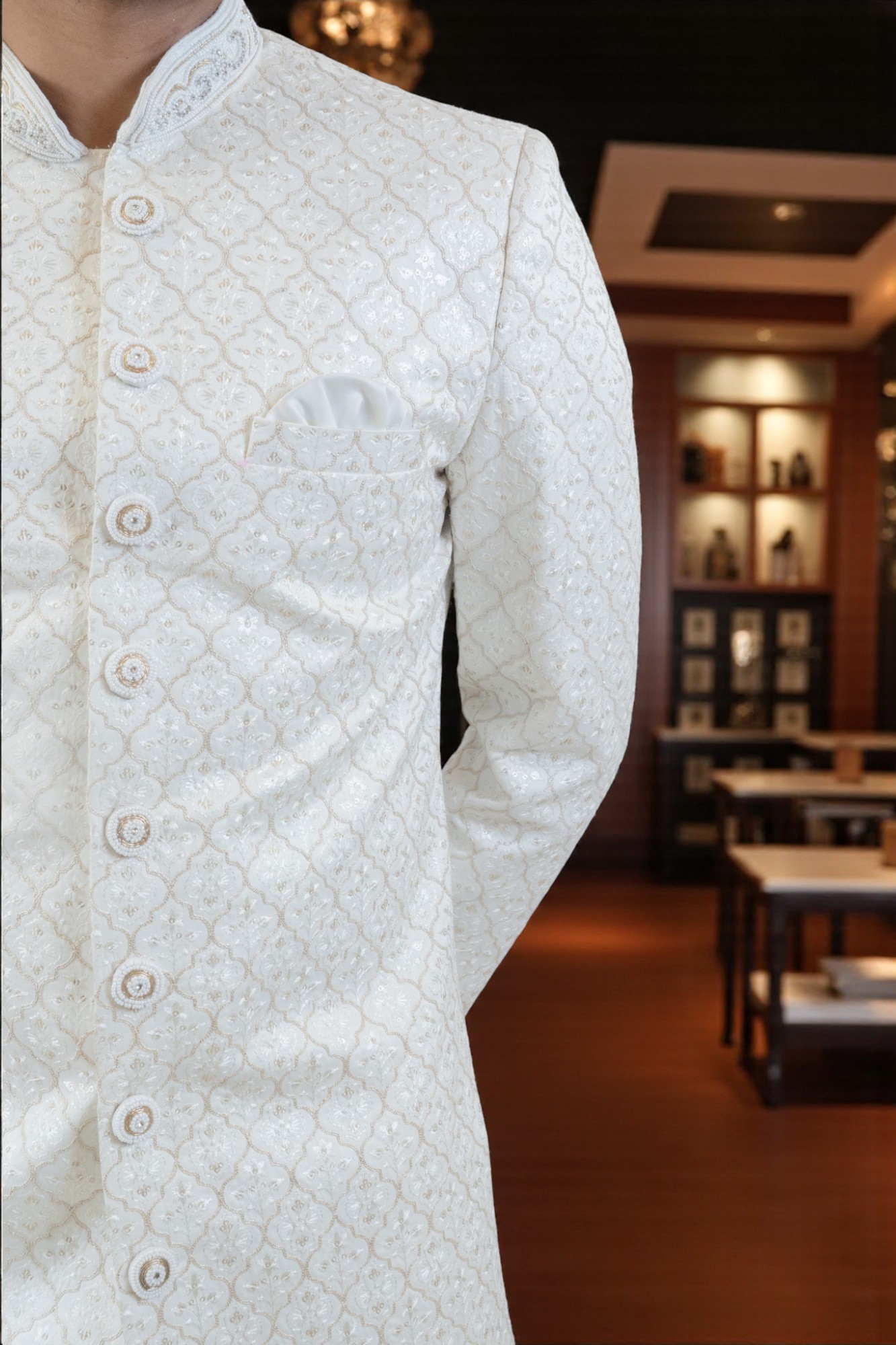 Ivory Dreams: Majestic Jaal Sherwani Set (Off White) - Image 3