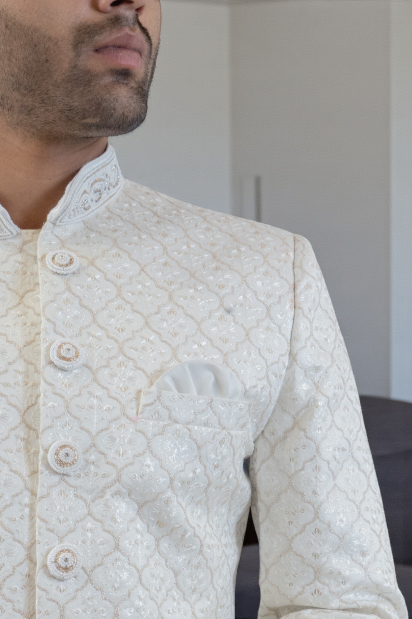 Ivory Dreams: Majestic Jaal Sherwani Set (Off White) - Image 4