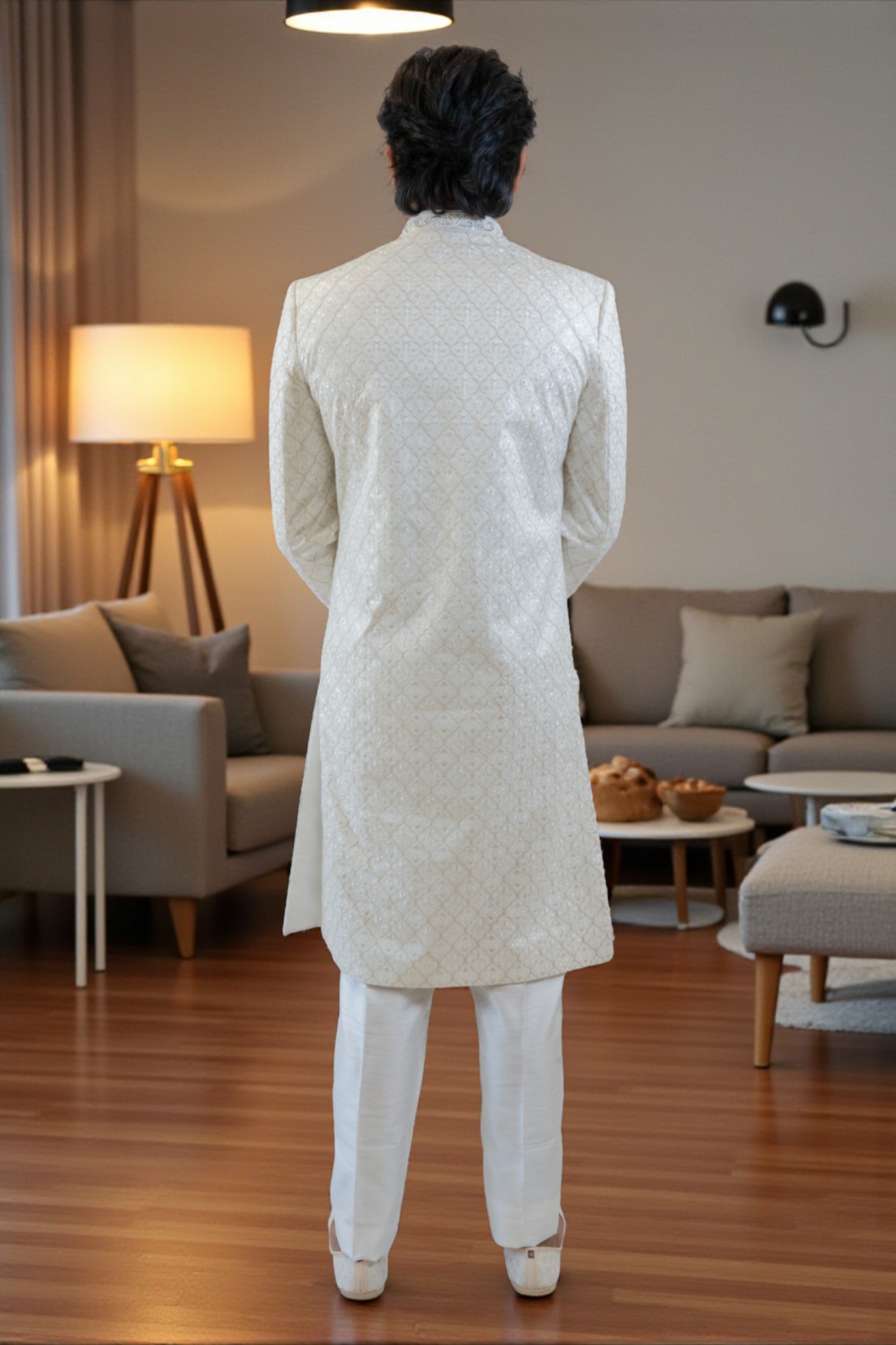 Ivory Dreams: Majestic Jaal Sherwani Set (Off White) - Image 6